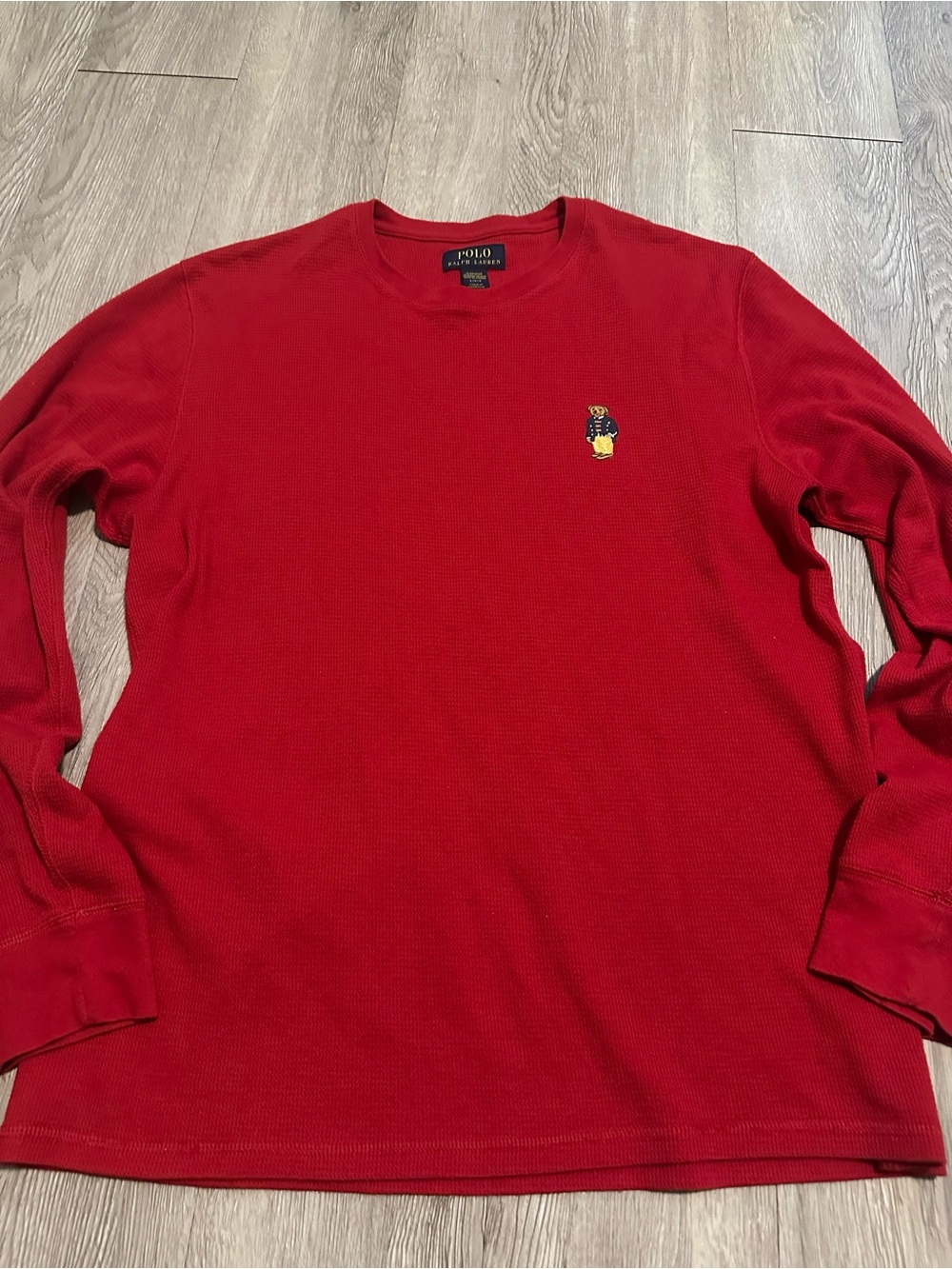 Polo Ralph Lauren Embroidered Bear Red Long Sleeve Waffle Knit T-Shirt Sz L